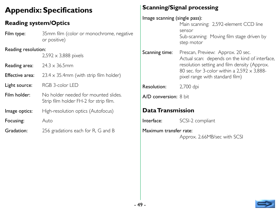 Appendix: specifications | Nikon 35mm User Manual | Page 49 / 52
