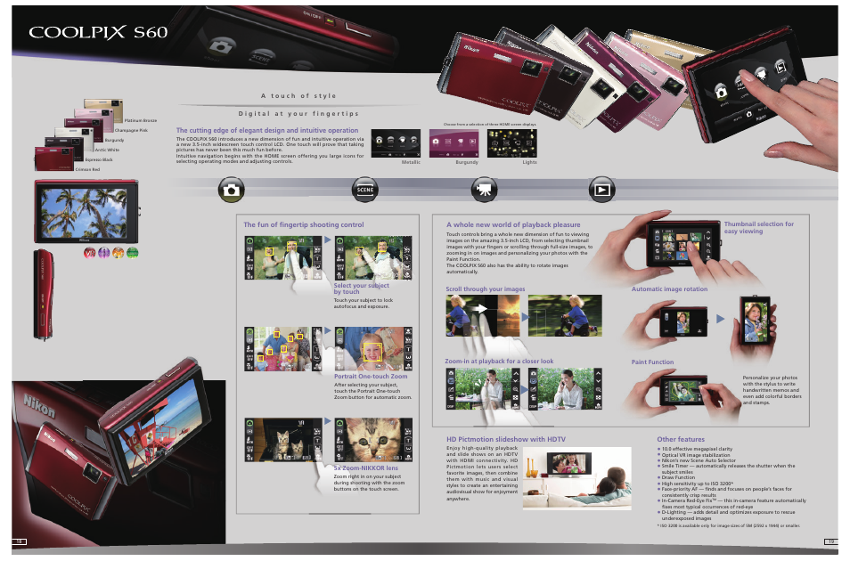 Other features, Hd pictmotion slideshow with hdtv, The fun of fi ngertip shooting control | A whole new world of playback pleasure | Nikon Coolpix Compact Digital Camera User Manual | Page 10 / 17