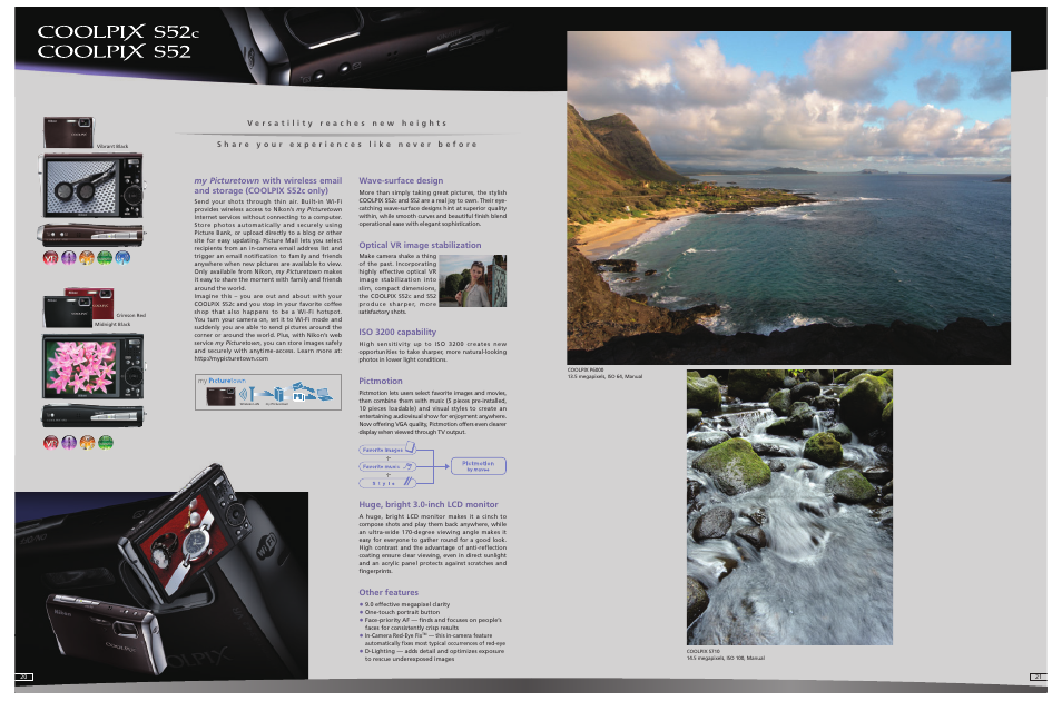 Wave-surface design, Optical vr image stabilization, Iso 3200 capability | Pictmotion, Huge, bright 3.0-inch lcd monitor, Other features | Nikon Coolpix Compact Digital Camera User Manual | Page 11 / 17