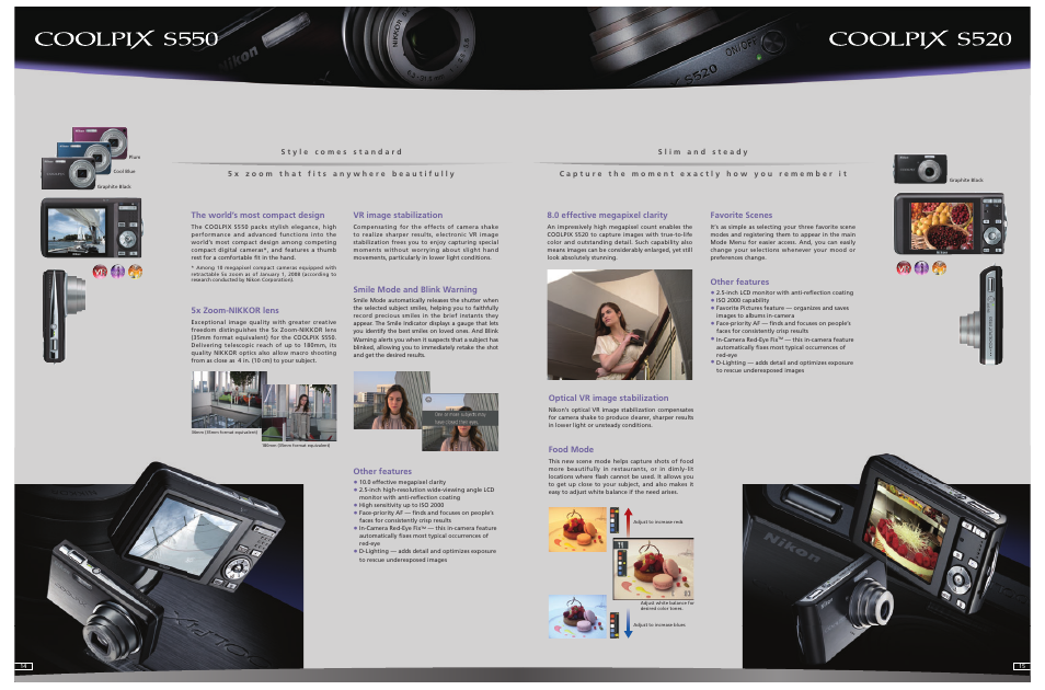 0 effective megapixel clarity, Favorite scenes, Other features | Optical vr image stabilization, Food mode, The world’s most compact design, 5x zoom-nikkor lens, Vr image stabilization, Smile mode and blink warning | Nikon Coolpix Compact Digital Camera User Manual | Page 8 / 17