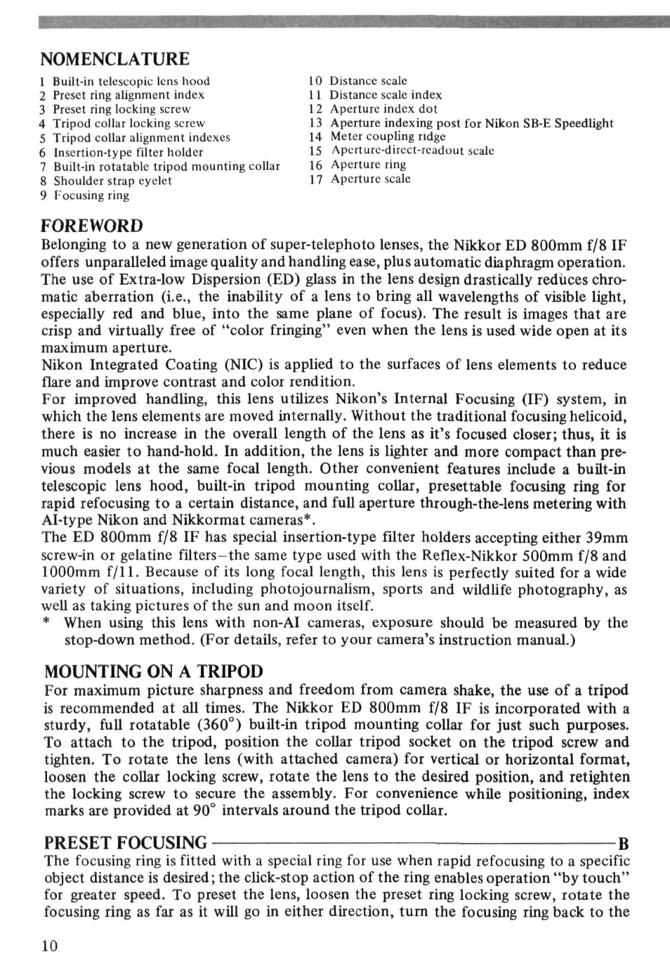 Nomenclature, Foreword, Mounting on a tripod | Preset focusing | Nikon ED User Manual | Page 10 / 30