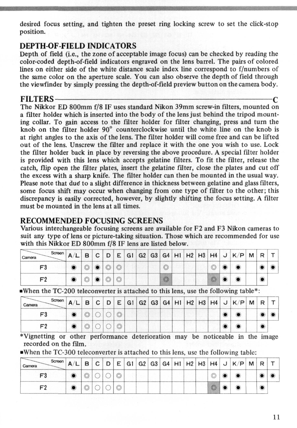 Depth-of-field indicators, Filters c, Recommended focusing screens | Nikon ED User Manual | Page 11 / 30