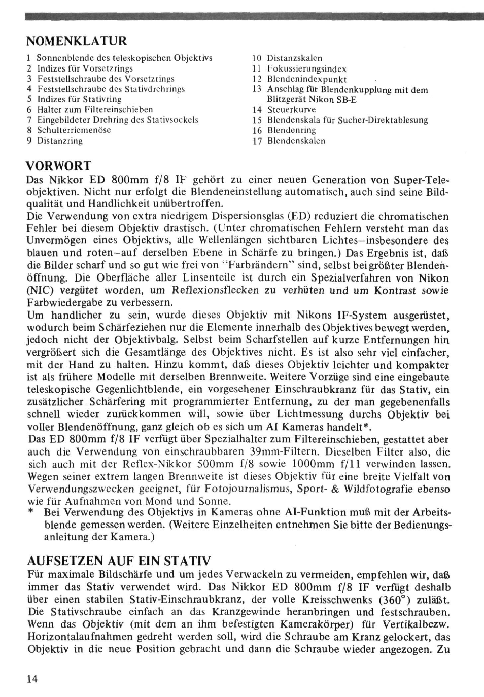 Nomenklatur, Vorwort, Aufsetzen auf ein stativ | Nikon ED User Manual | Page 14 / 30