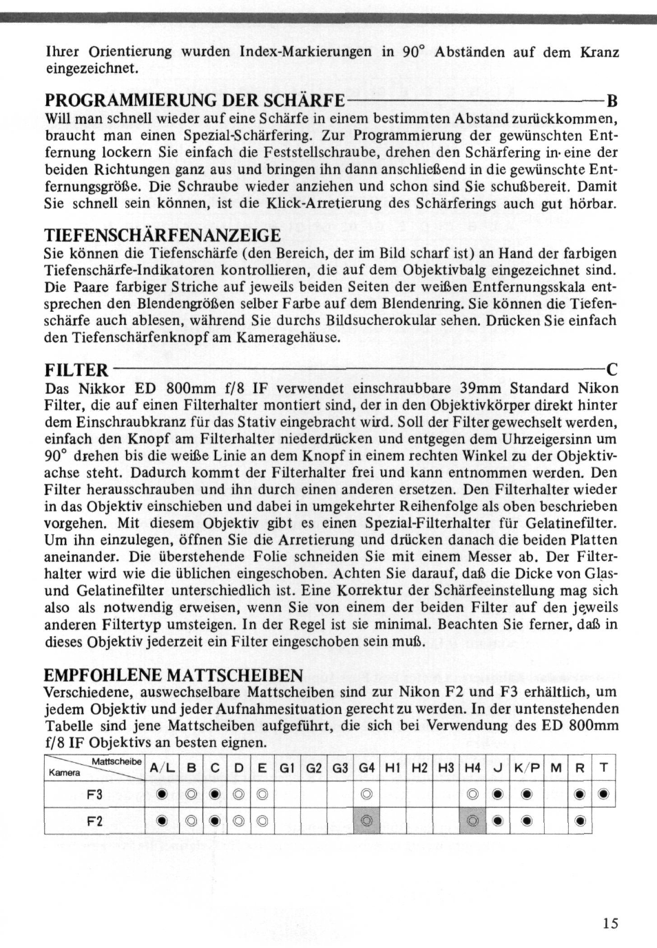 Tiefenschärfenanzeige, Filter c, Empfohlene mattscheiben | Nikon ED User Manual | Page 15 / 30