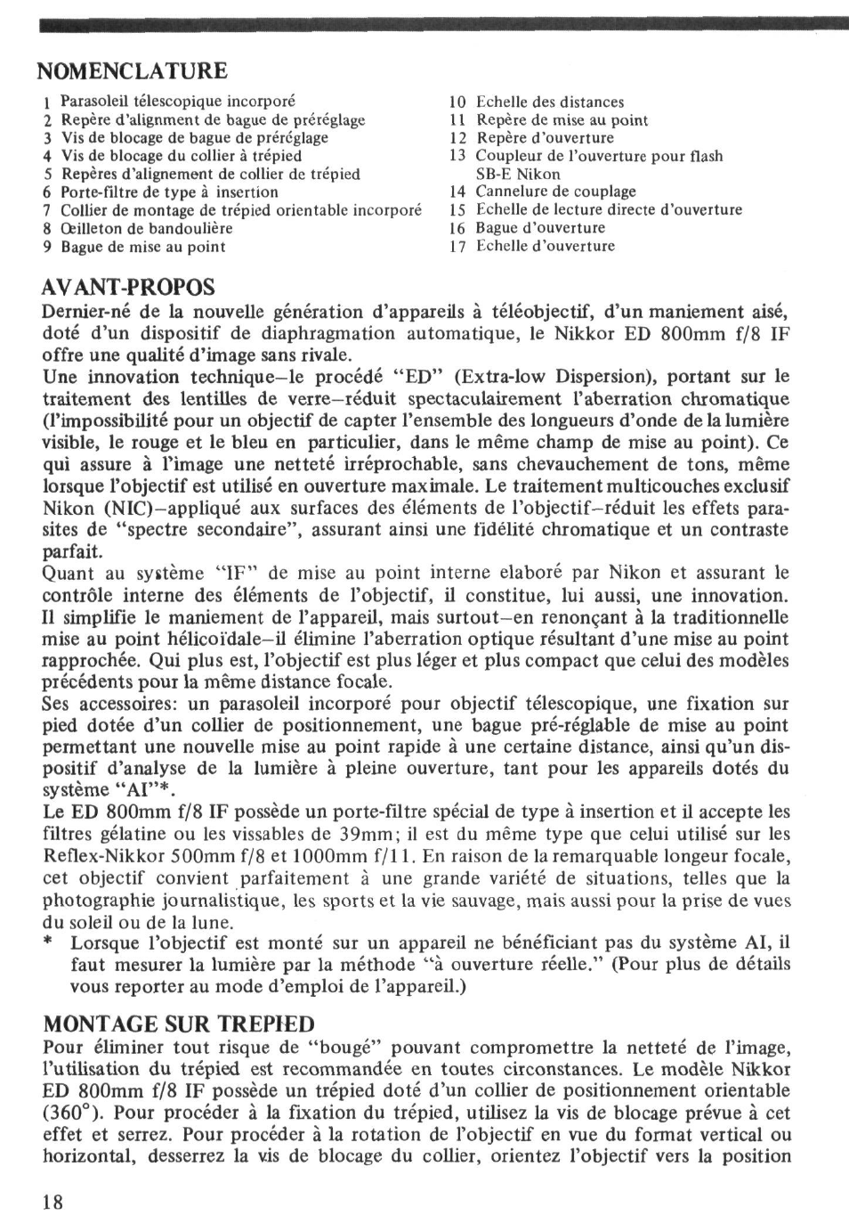 Nomenclature, Avant-propos, Montage sur trepied | Nikon ED User Manual | Page 18 / 30