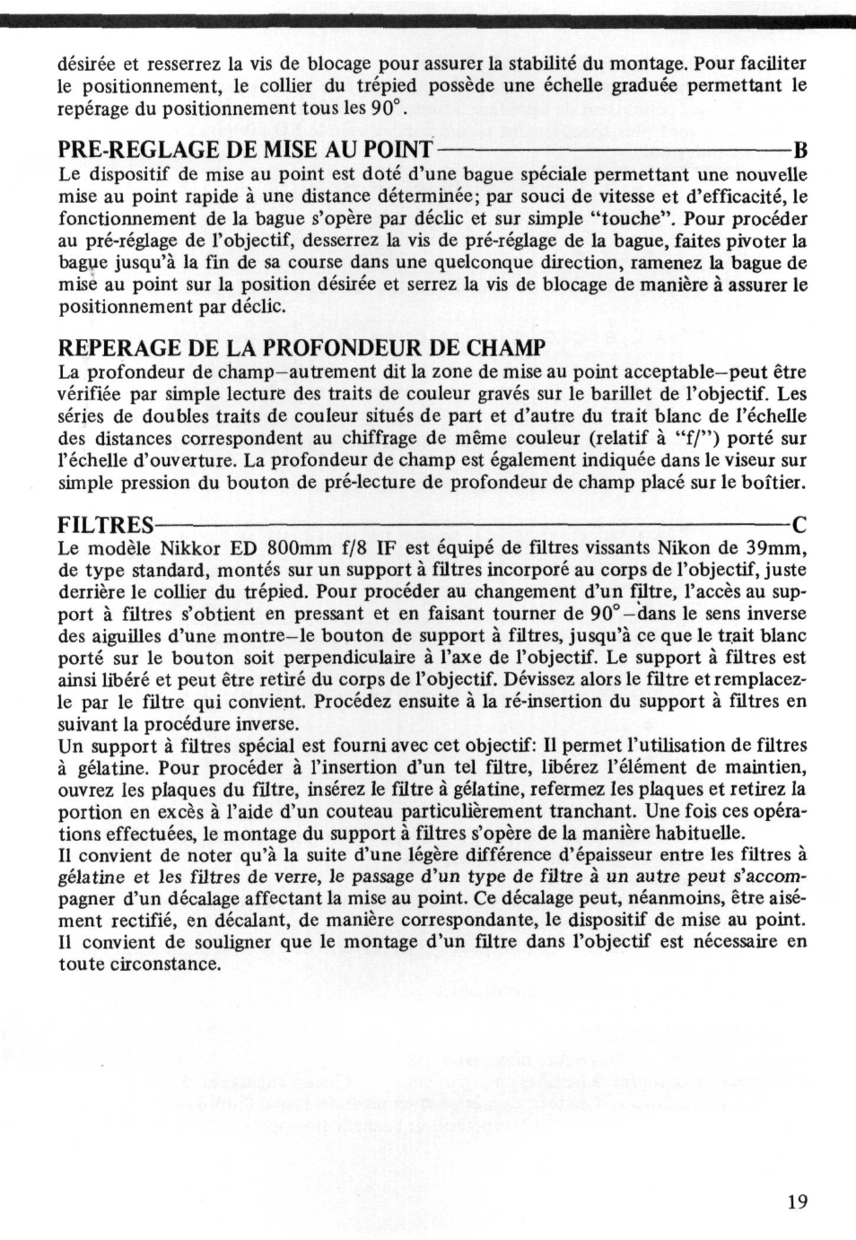 Pre-reglage de mise au point, Reperage de la profondeur de champ, Filtres ^^ c | Nikon ED User Manual | Page 19 / 30