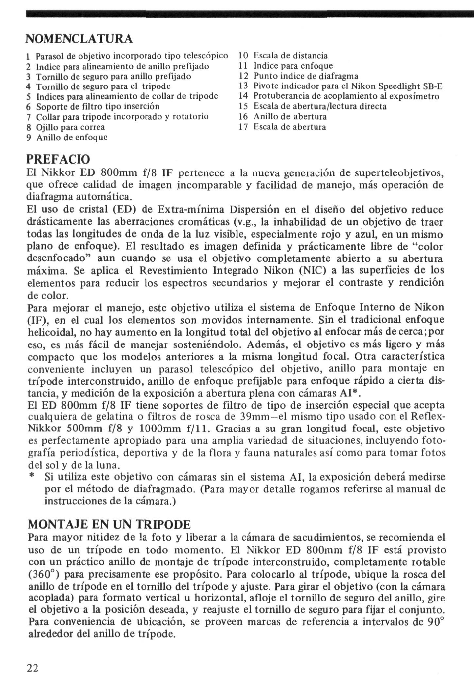 Nomenclatura, Prefacio, Montaje en un tripode | Nikon ED User Manual | Page 22 / 30