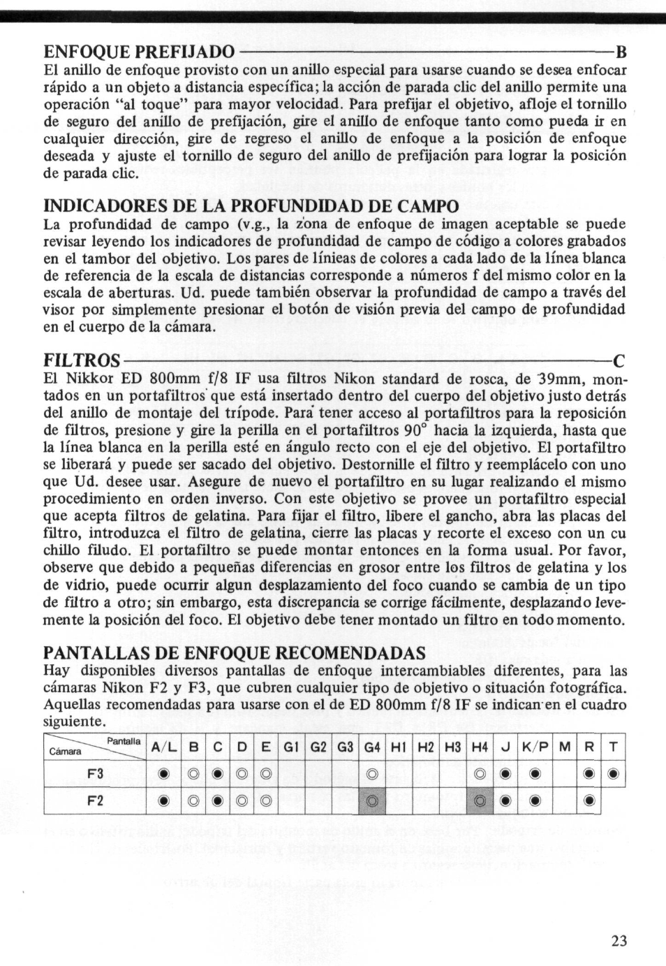 Indicadores de la profundidad de campo, Filtros c, Pantallas de enfoque recomendadas | Nikon ED User Manual | Page 23 / 30