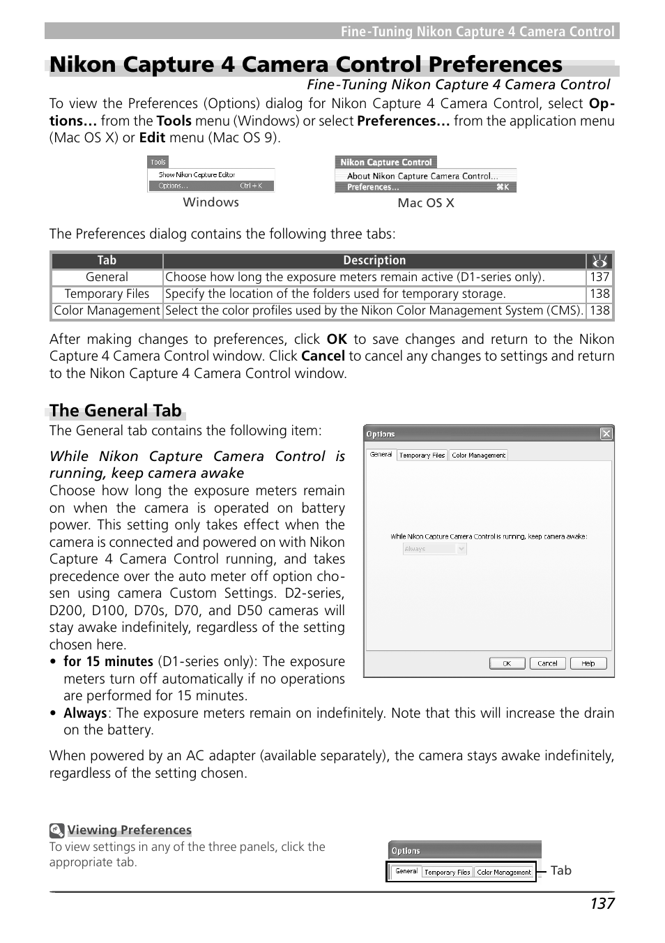 Nikon capture 4 camera control preferences, The general tab | Nikon Capture 4 User Manual | Page 141 / 161