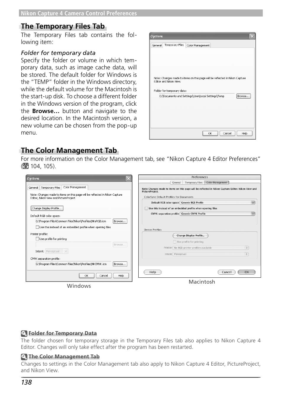 The temporary files tab, The color management tab | Nikon Capture 4 User Manual | Page 142 / 161