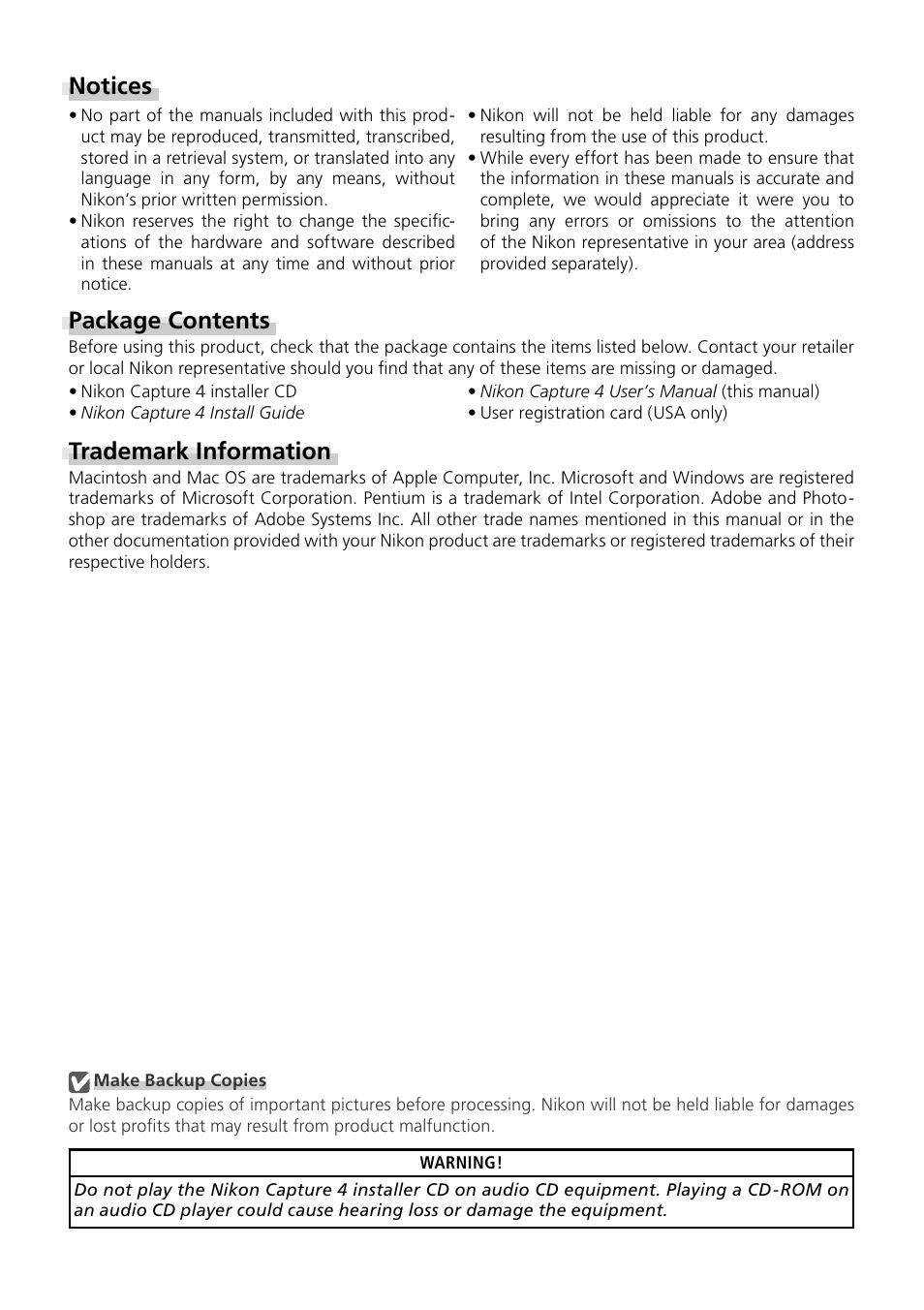 Notices, Package contents, Trademark information | Nikon Capture 4 User Manual | Page 2 / 161