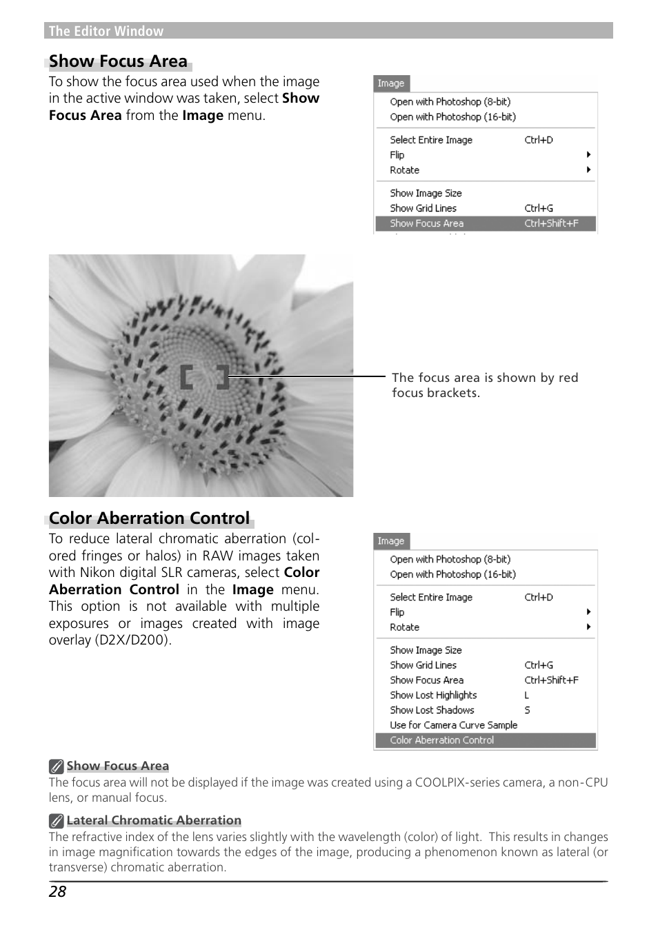 Show focus area, Color aberration control | Nikon Capture 4 User Manual | Page 32 / 161