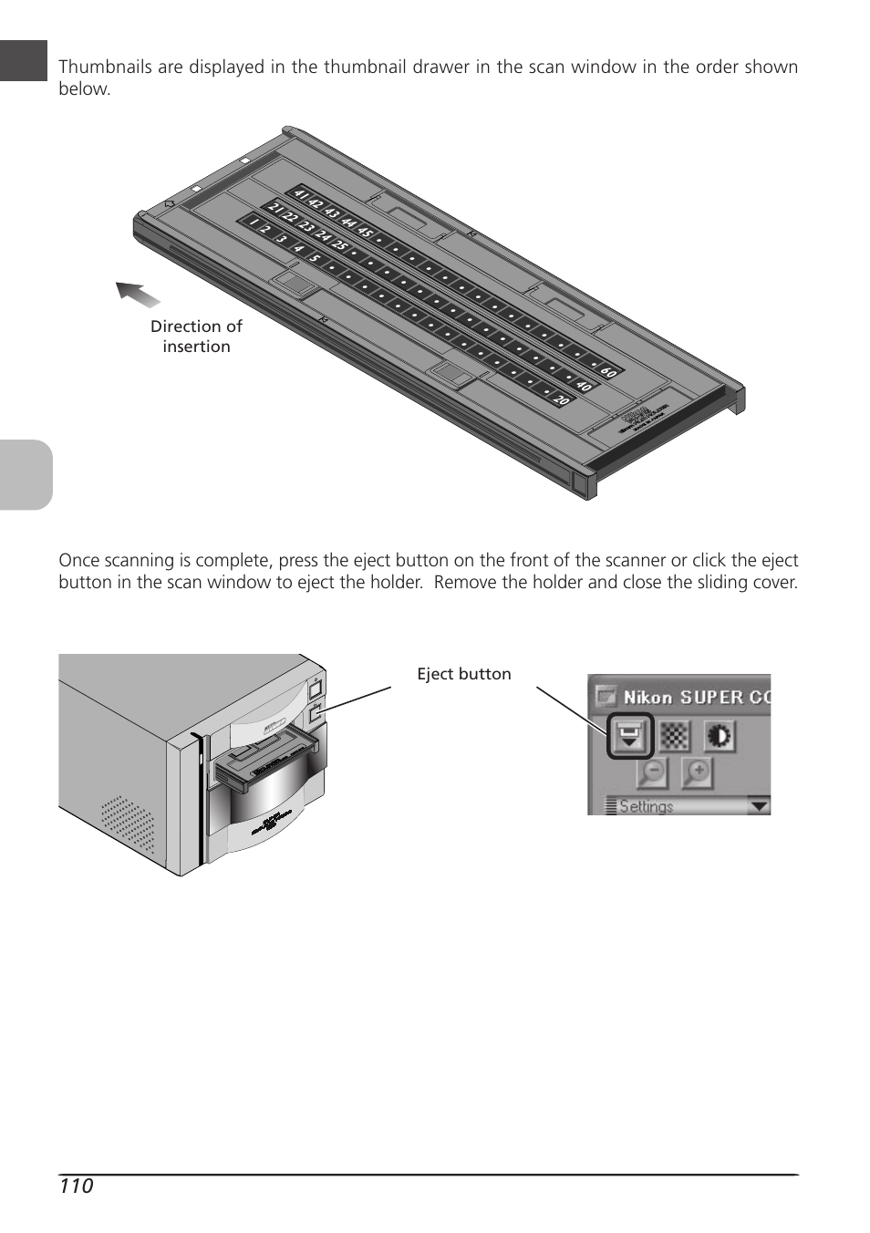 Direction of insertion eject button | Nikon LS8000 User Manual | Page 120 / 148