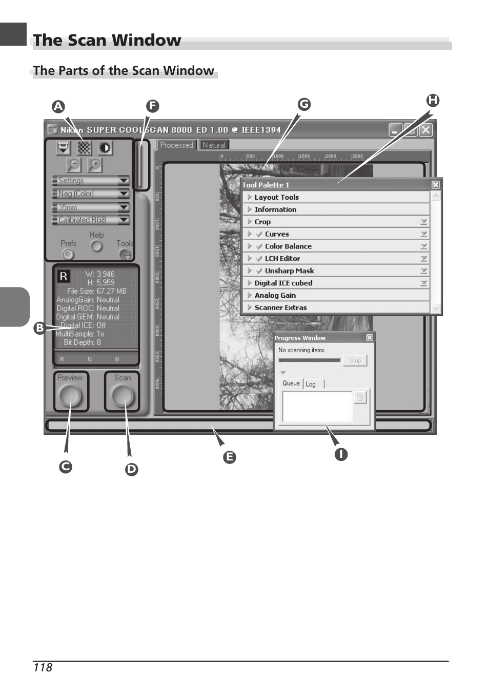 The scan window | Nikon LS8000 User Manual | Page 128 / 148