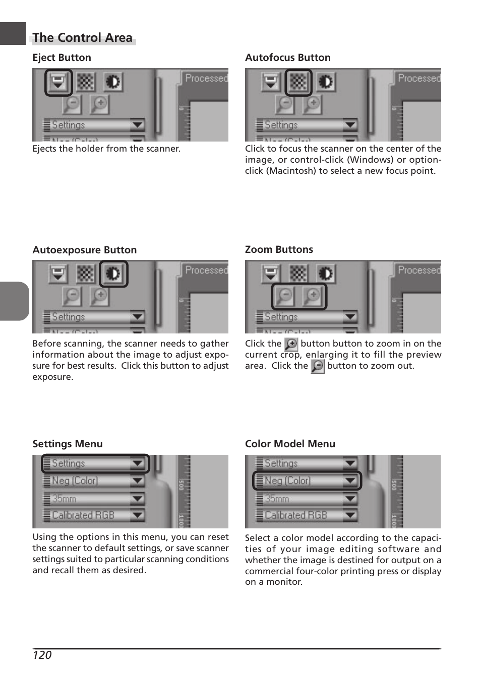 The control area | Nikon LS8000 User Manual | Page 130 / 148