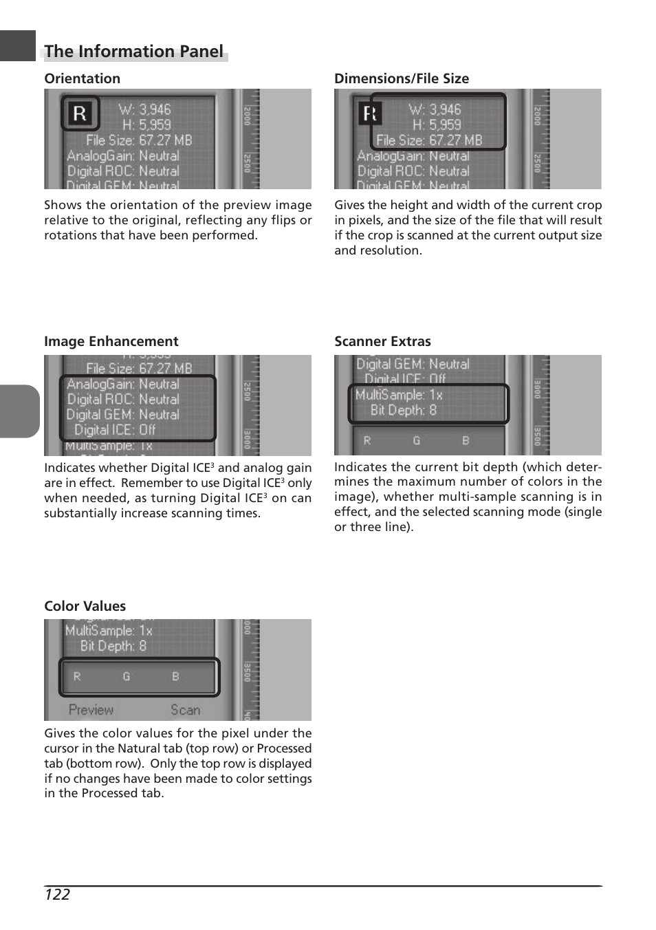 The information panel | Nikon LS8000 User Manual | Page 132 / 148