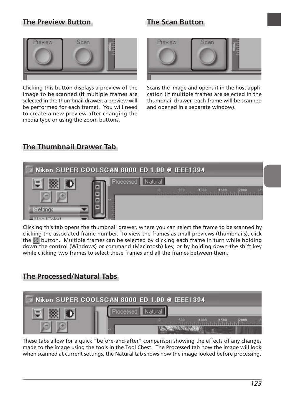 The scan button the preview button, The thumbnail drawer tab, The processed/natural tabs | Nikon LS8000 User Manual | Page 133 / 148