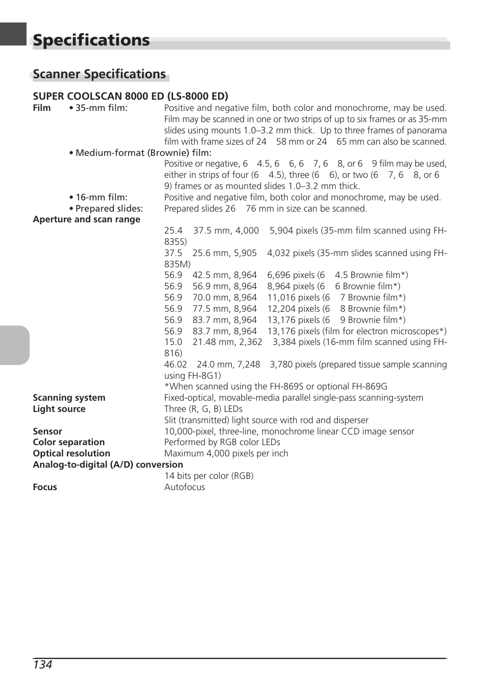 Specifications, Scanner specifications | Nikon LS8000 User Manual | Page 144 / 148