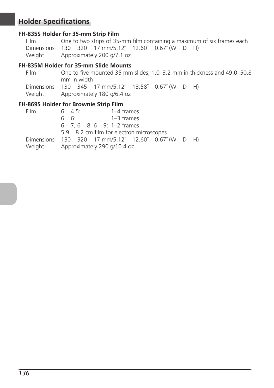 Holder specifications | Nikon LS8000 User Manual | Page 146 / 148