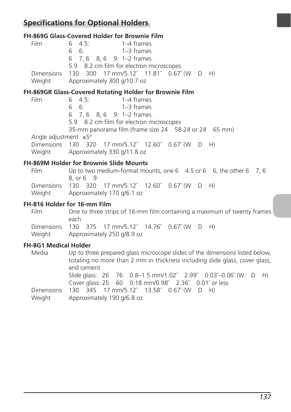 Specifications for optional holders | Nikon LS8000 User Manual | Page 147 / 148