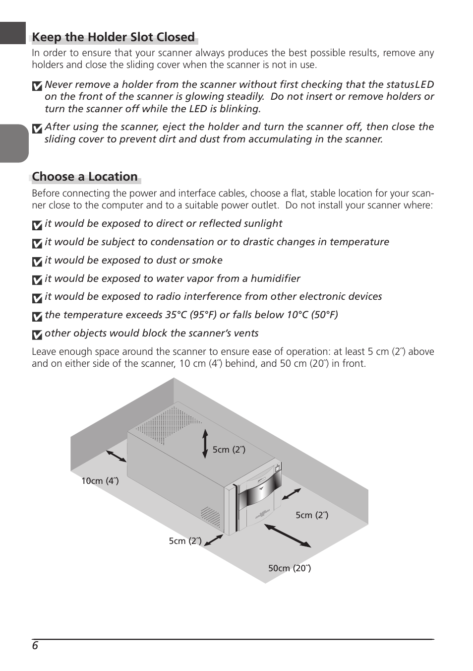 Keep the holder slot closed, Choose a location | Nikon LS8000 User Manual | Page 16 / 148