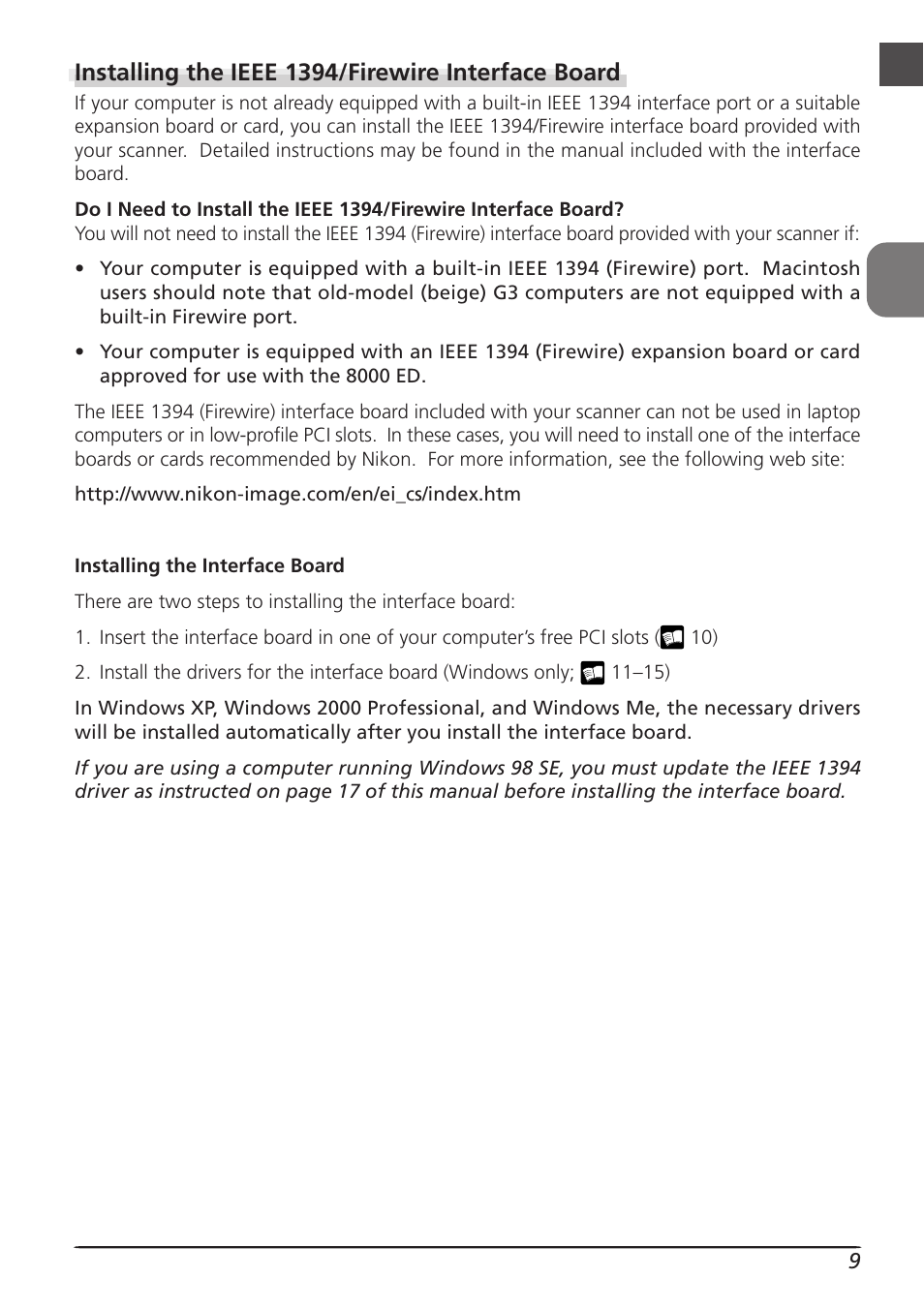 Installing the ieee 1394/firewire interface board | Nikon LS8000 User Manual | Page 19 / 148