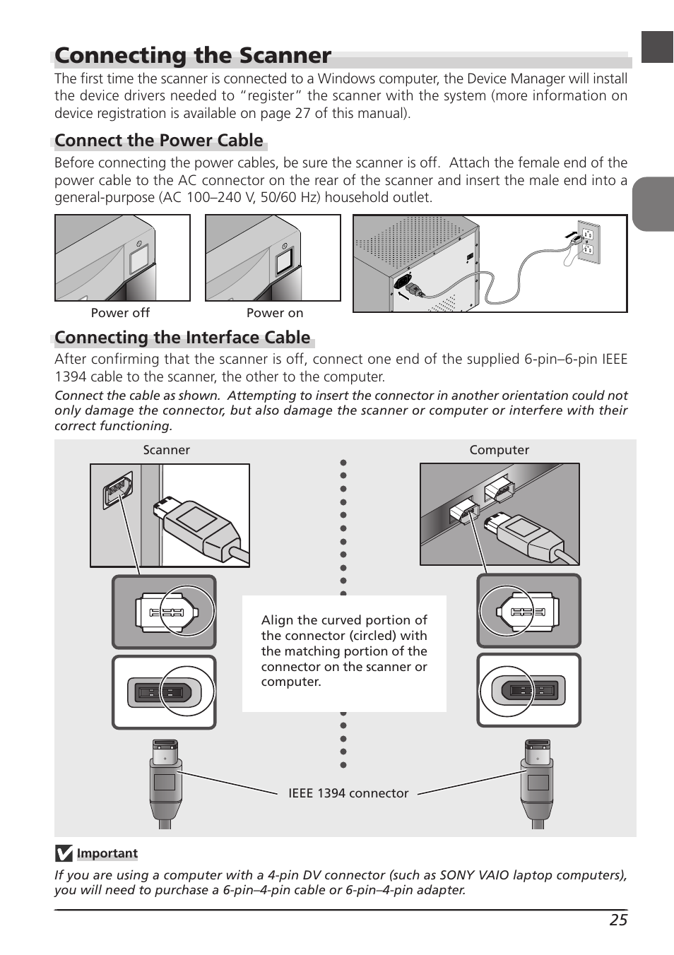 Connecting the scanner, Connect the power cable, Connecting the interface cable | Nikon LS8000 User Manual | Page 35 / 148