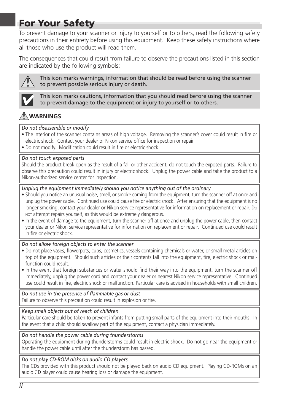 For your safety | Nikon LS8000 User Manual | Page 4 / 148