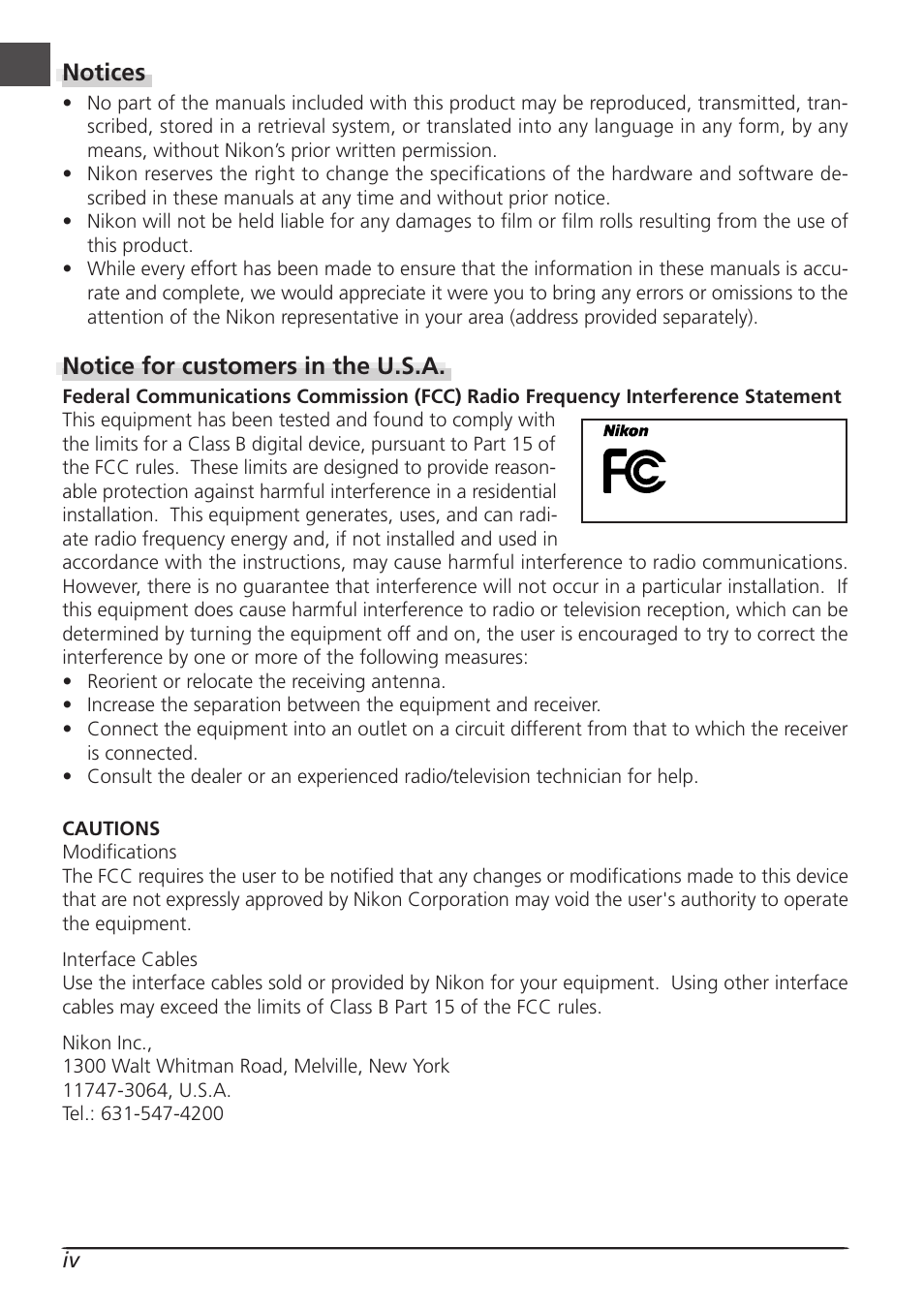 Notices, Notice for customers in the u.s.a | Nikon LS8000 User Manual | Page 6 / 148