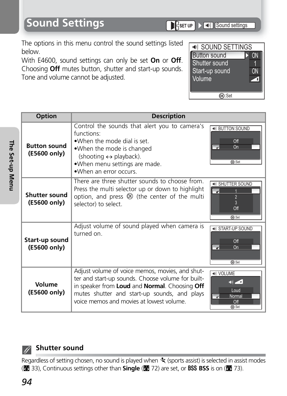 Sound settings, Start-up sound volume 1 on on | Nikon COOLPIX4600 User Manual | Page 104 / 128