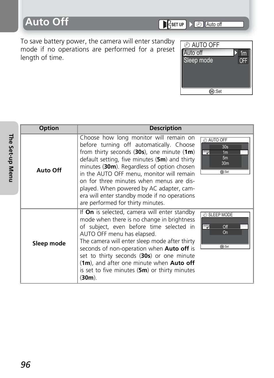 Auto off, Off 1m | Nikon COOLPIX4600 User Manual | Page 106 / 128