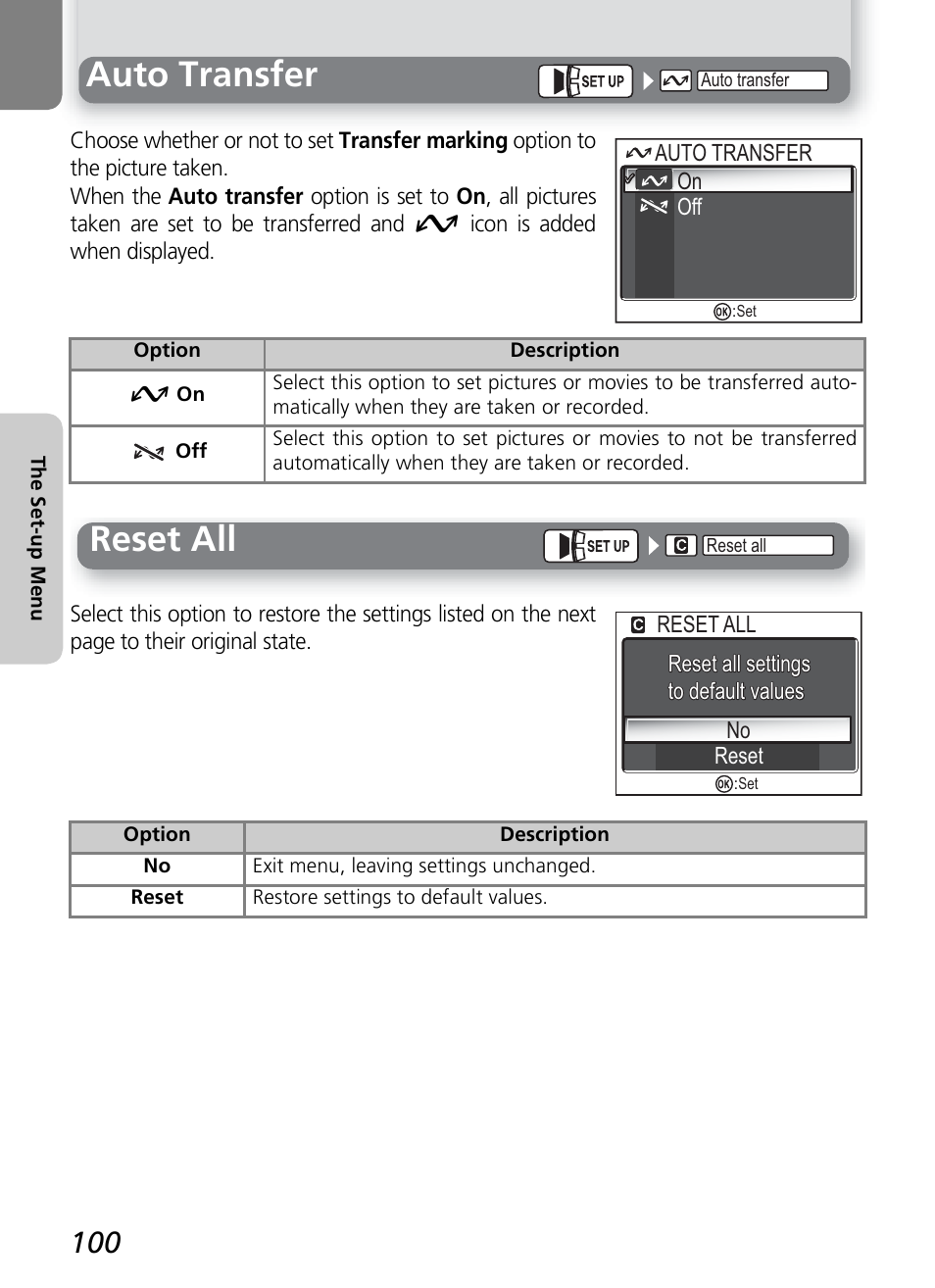 Auto transfer, Reset all | Nikon COOLPIX4600 User Manual | Page 110 / 128