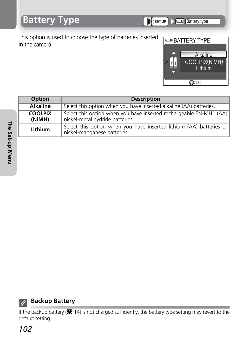 Battery type | Nikon COOLPIX4600 User Manual | Page 112 / 128