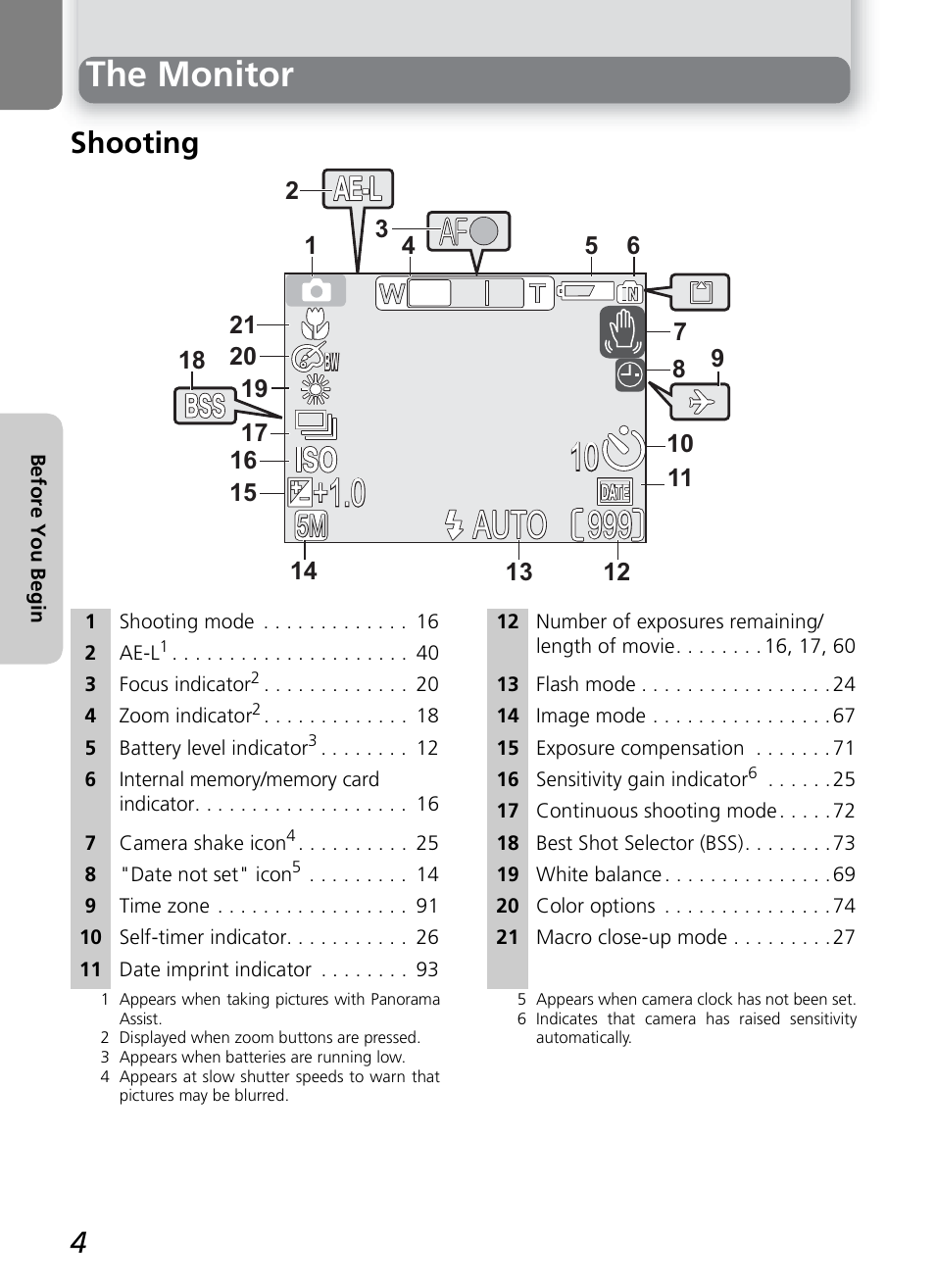 The monitor, Ae-l, Shooting | Nikon COOLPIX4600 User Manual | Page 14 / 128