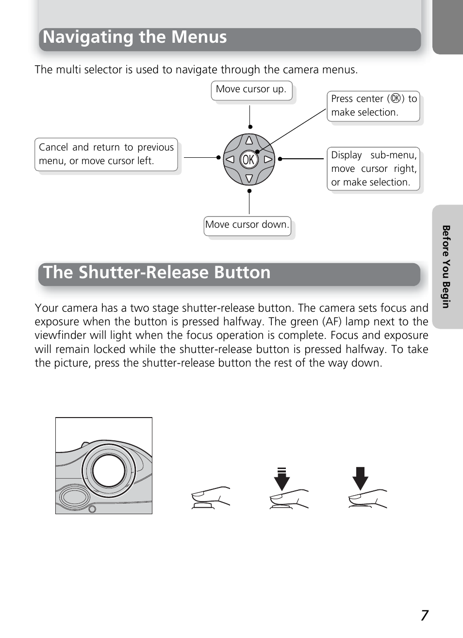 Navigating the menus, The shutter-release button | Nikon COOLPIX4600 User Manual | Page 17 / 128