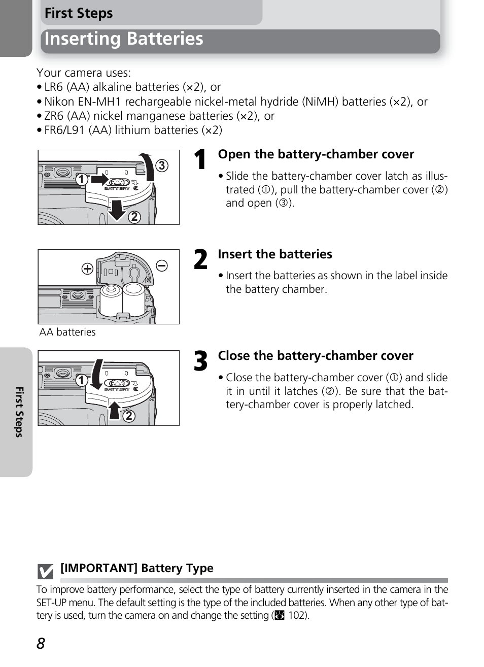 Inserting batteries | Nikon COOLPIX4600 User Manual | Page 18 / 128