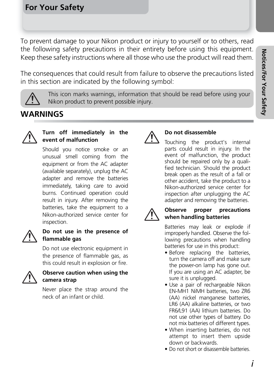 For your safety, Warnings | Nikon COOLPIX4600 User Manual | Page 3 / 128