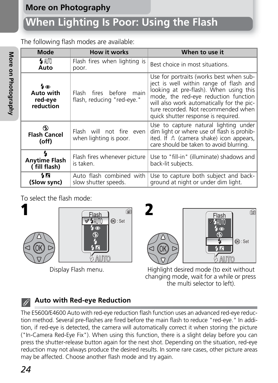 When lighting is poor: using the flash, More on photography, Auto | Nikon COOLPIX4600 User Manual | Page 34 / 128