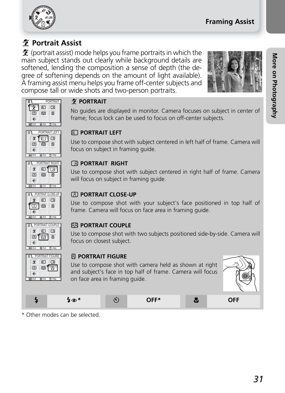 I portrait assist, Framing assist, Mo re on p hot ogra phy | Y off* & off | Nikon COOLPIX4600 User Manual | Page 41 / 128