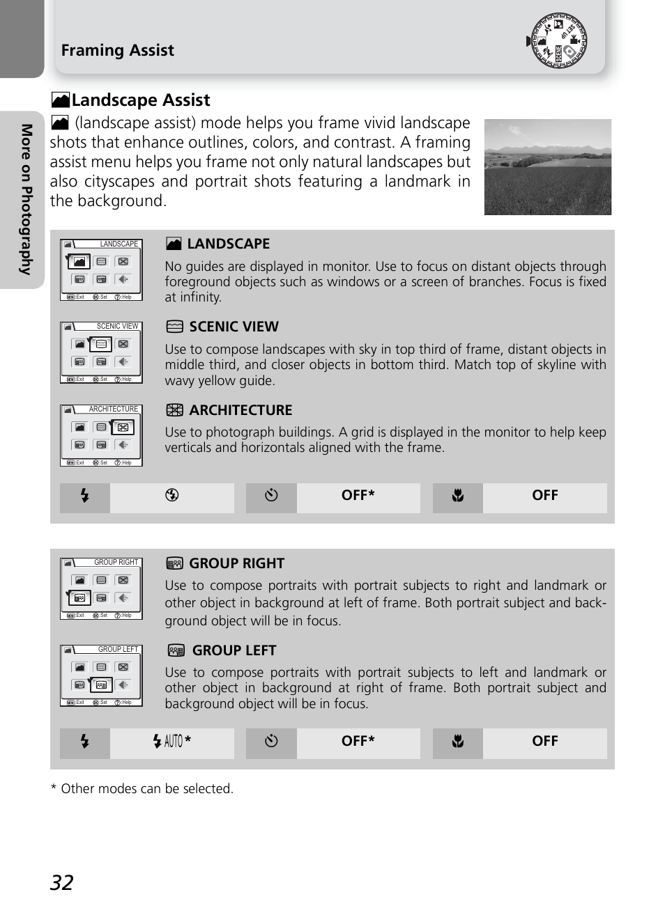 N landscape assist, Framing assist, Mo re on p hot ogra phy | N landscape, 6 scenic view, 7 architecture, Y off* & off 5 group right, 8 group left, Y off* & off, Other modes can be selected | Nikon COOLPIX4600 User Manual | Page 42 / 128