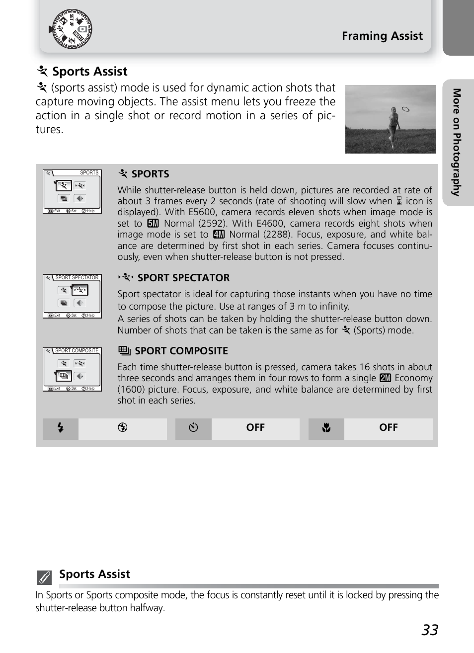 J sports assist, Framing assist, Mo re on p hot ogra phy | Sport spectator, Sport composite, Y off & off | Nikon COOLPIX4600 User Manual | Page 43 / 128