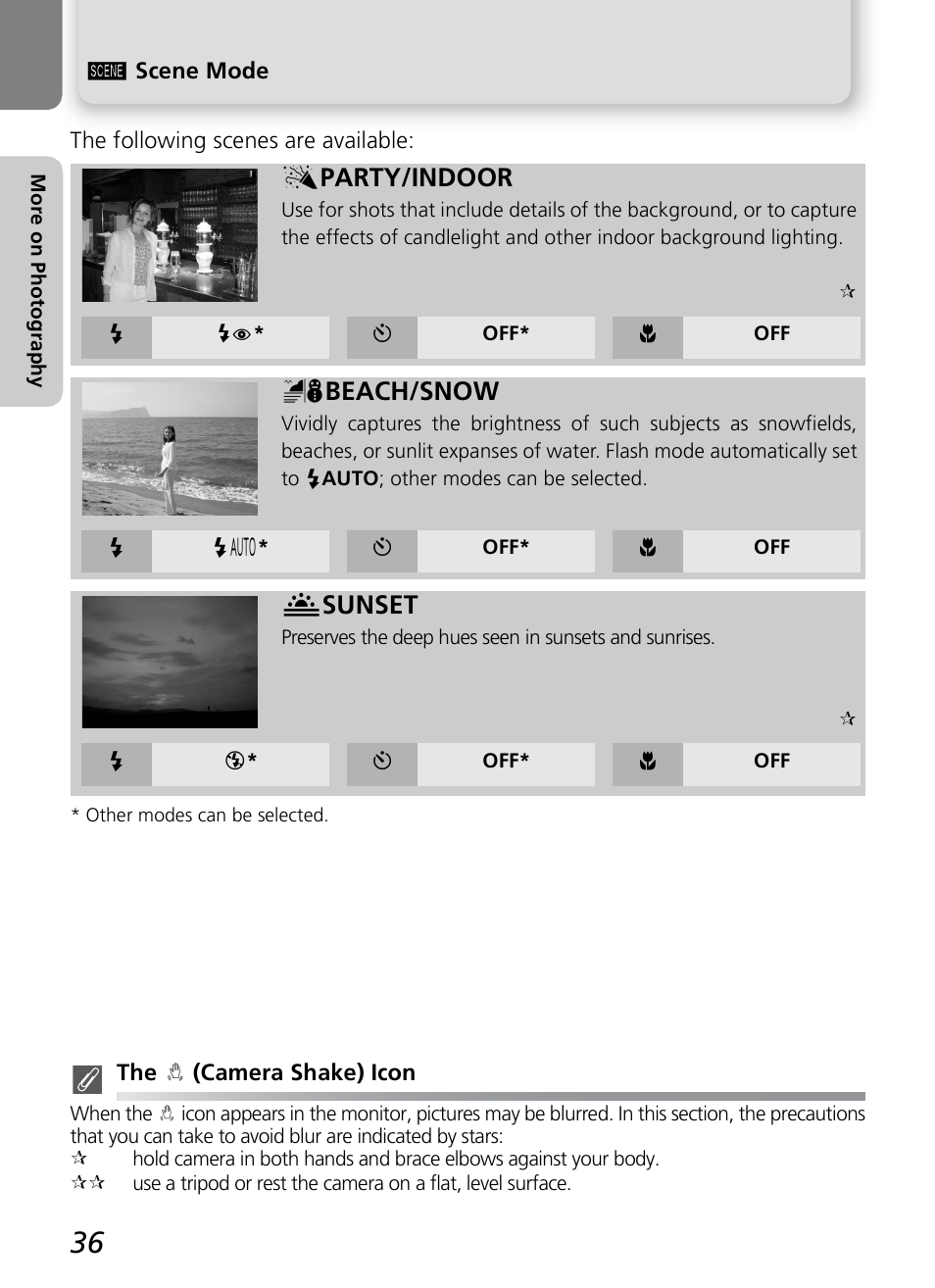 B party/indoor, C beach/snow, D sunset | Nikon COOLPIX4600 User Manual | Page 46 / 128