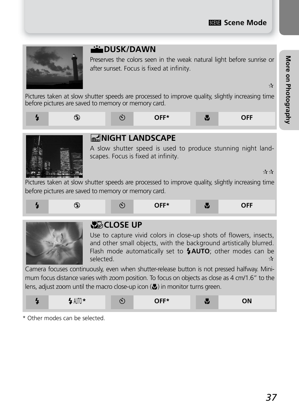 E dusk/dawn, F night landscape, A close up | Nikon COOLPIX4600 User Manual | Page 47 / 128