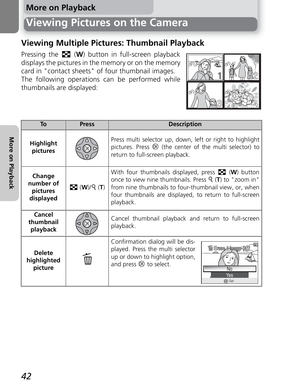 Viewing pictures on the camera, More on playback, Viewing multiple pictures: thumbnail playback | Nikon COOLPIX4600 User Manual | Page 52 / 128