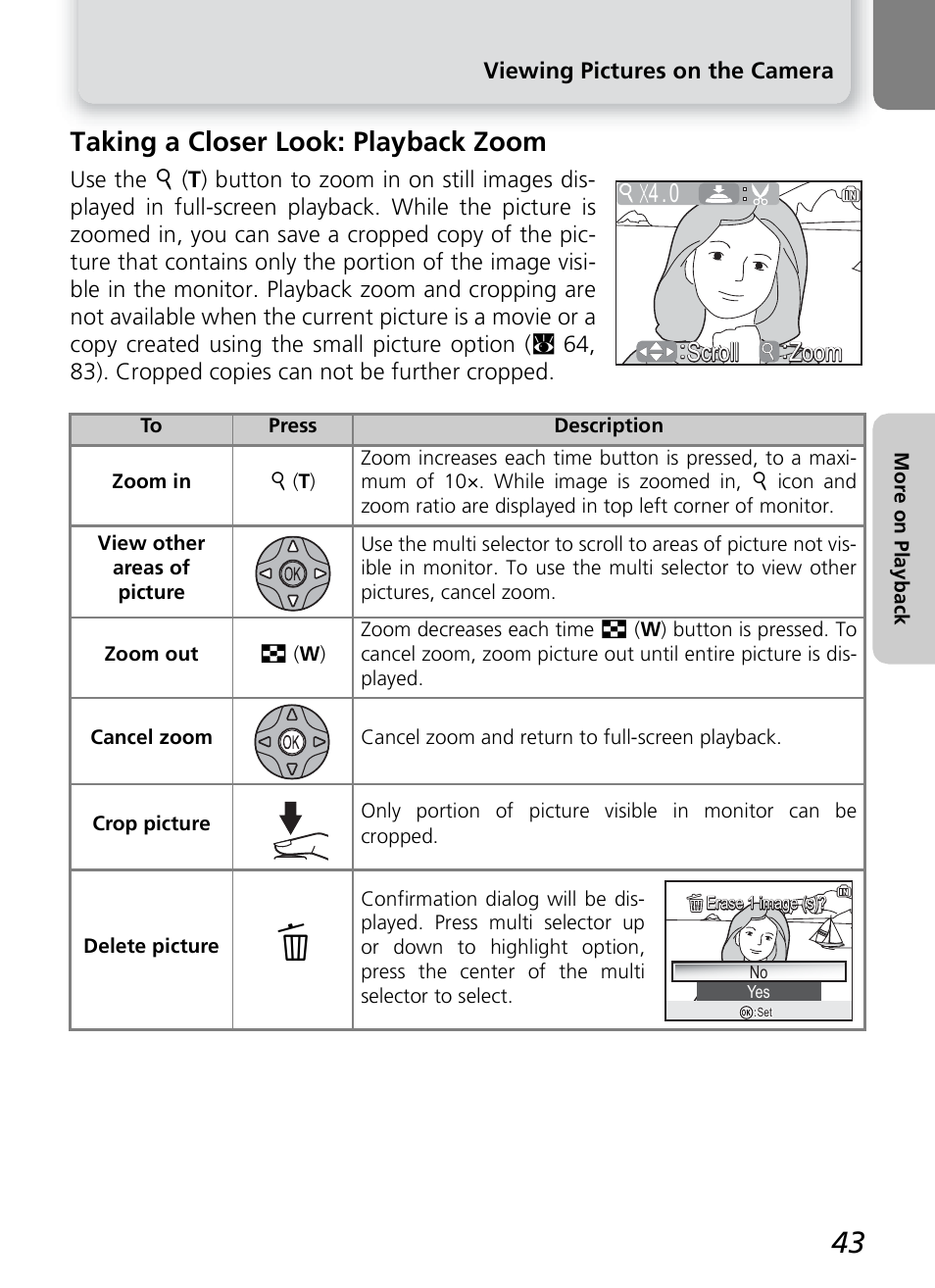 Taking a closer look: playback zoom, Scroll, Zoom | Nikon COOLPIX4600 User Manual | Page 53 / 128