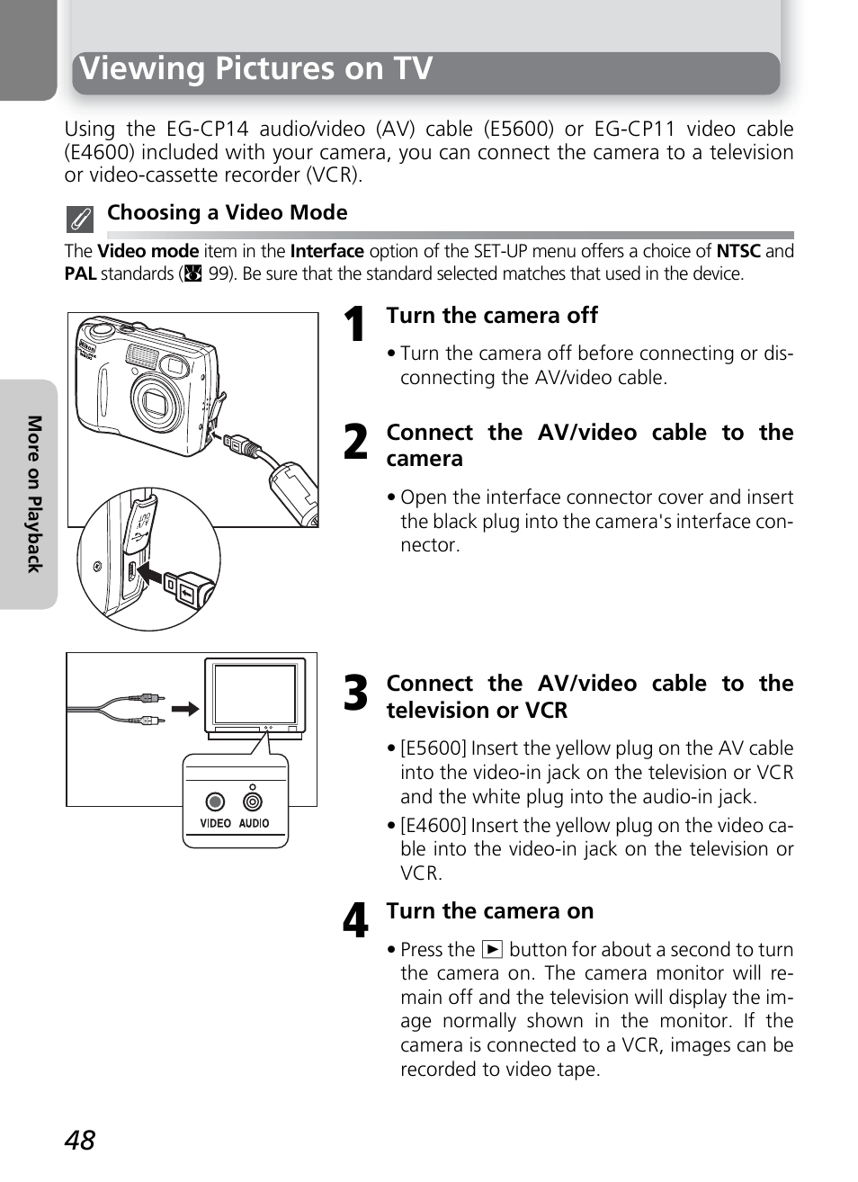 Viewing pictures on tv | Nikon COOLPIX4600 User Manual | Page 58 / 128