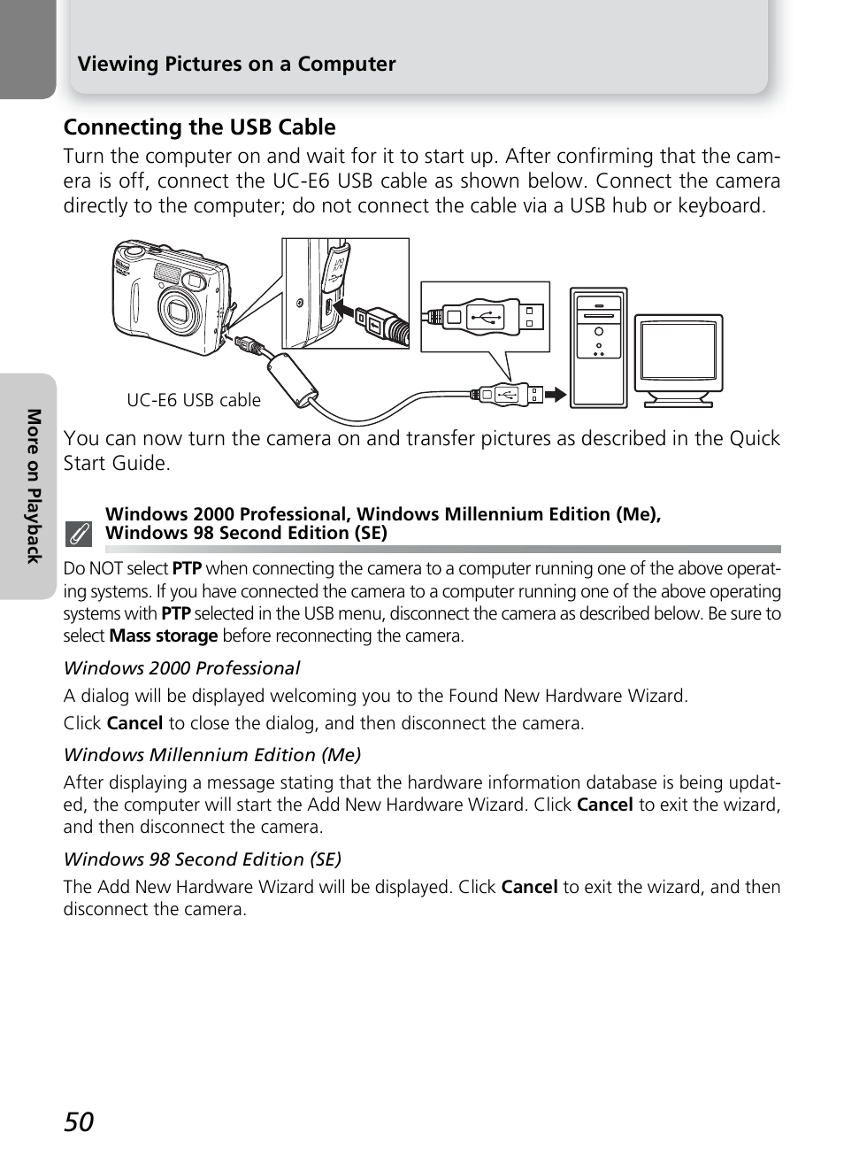 Connecting the usb cable | Nikon COOLPIX4600 User Manual | Page 60 / 128