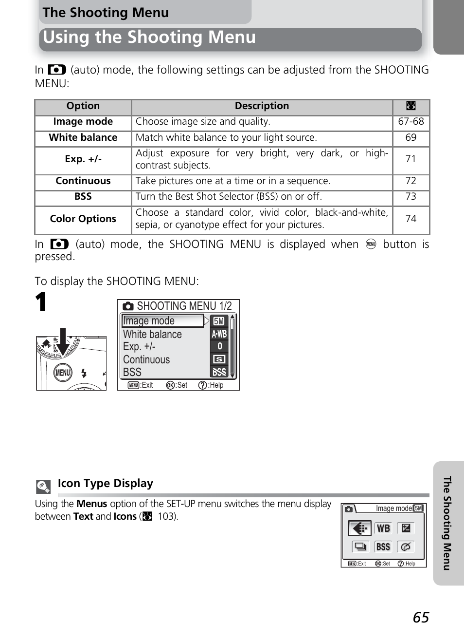 Using the shooting menu, The shooting menu | Nikon COOLPIX4600 User Manual | Page 75 / 128