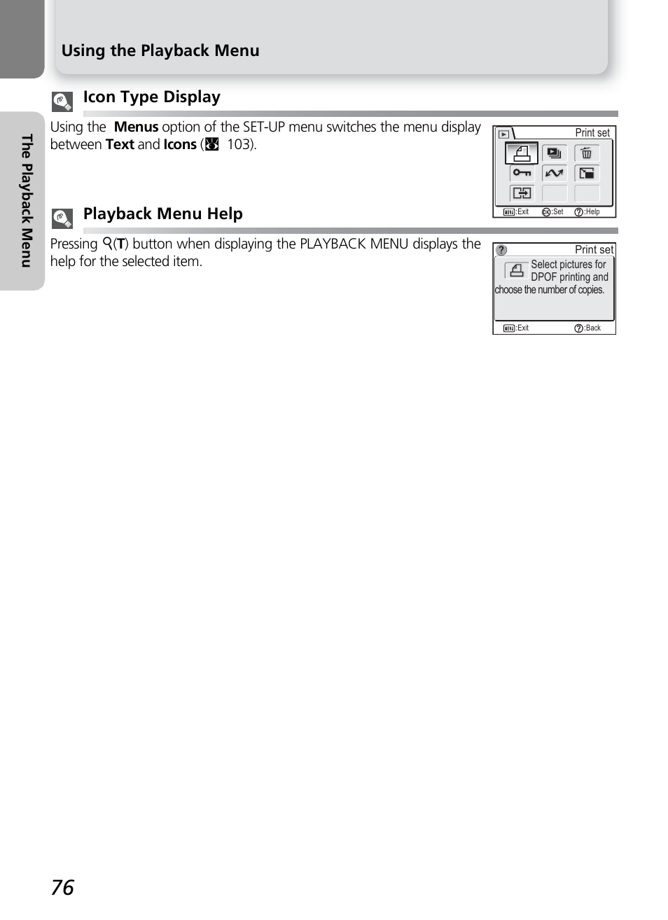 Using the playback menu, Icon type display, Playback menu help | Nikon COOLPIX4600 User Manual | Page 86 / 128