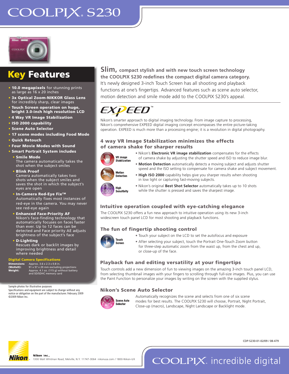 Key features, Slim | Nikon Coolpix S230 User Manual | Page 2 / 2